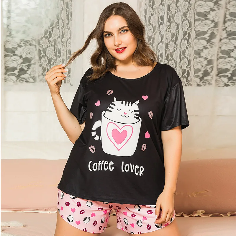 

4XL Plus Size Women Summer Nice Cartoon Pajama Sets Short Sleeve Pajamas Soft Cat Printing Pyjamas Sleepwear Autumn Homewear