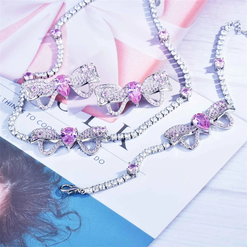 

KOFSAC Luxury Crystal Full Zircon Bow Bracelet Necklaces 925 Sterling Silver Earrings For Women Jewelry Set Valentine's Day Gift