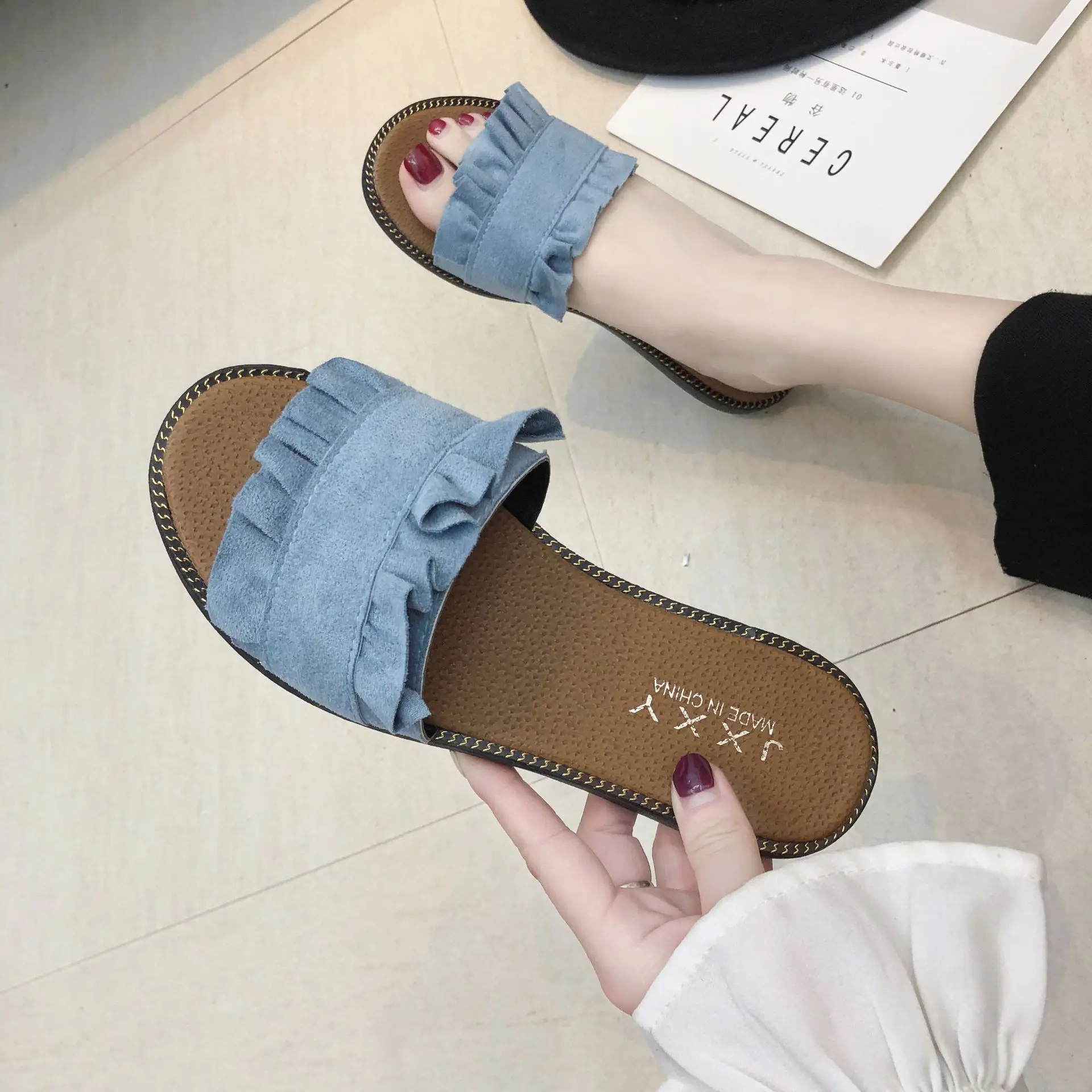 New Lace Flat Women Slippers Summer Open Toe Sweet Ladies Slides Outdoor Casual Slip-on Women Lazy Shoes Fashion Beach Shoes