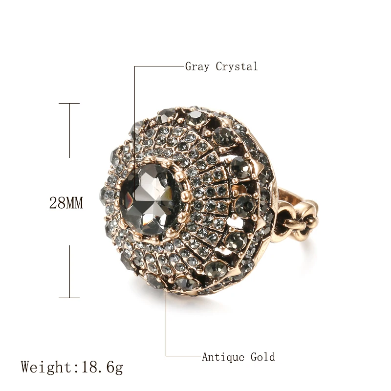 Kinel Ethnic Bridal Wedding Ring Antique Gold Color Vintage Look Full Gray Crystal Ball Ring For Women Party Boho Jewelry Gift