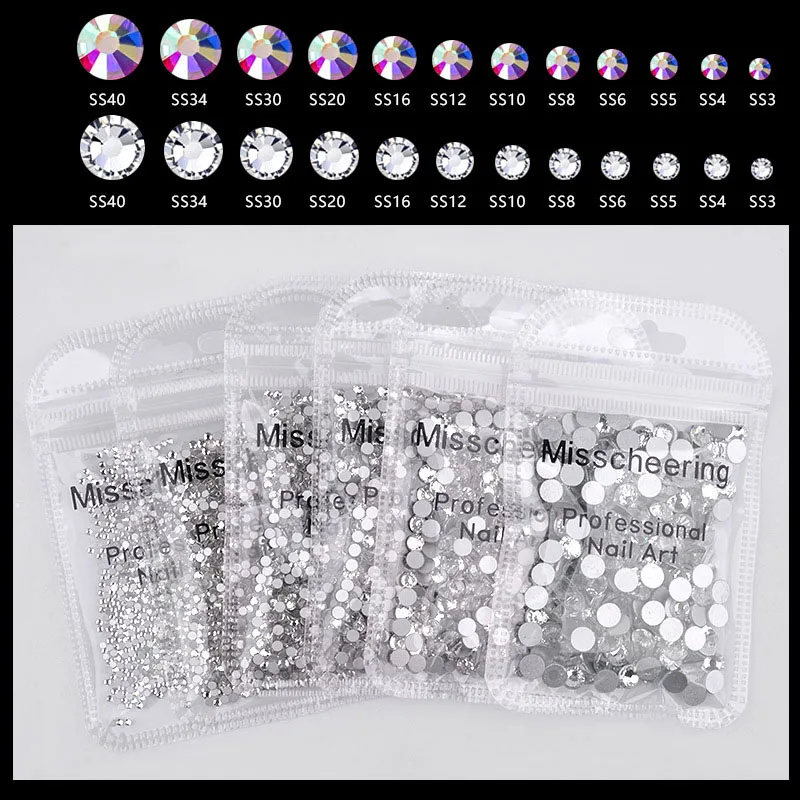 SS3-SS50 Flatback Clear Crystal  Glass Nail Art Rhinestone Nail Strass Mix Size Non Hot Fix Rhinestone Glue