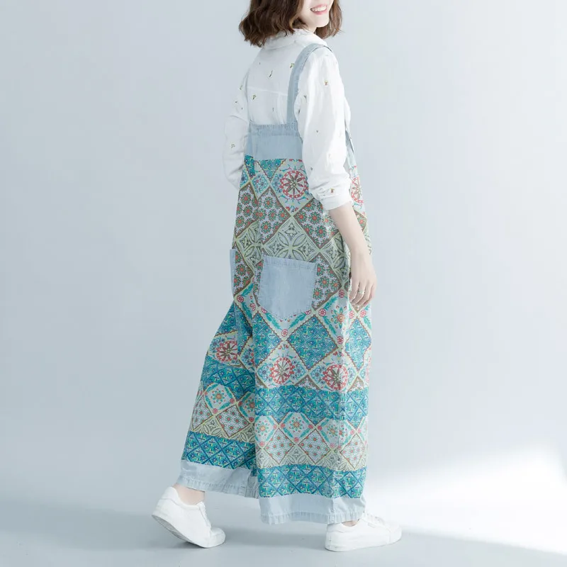 2020 female new spring and  summer plus size literary ethnic style printed wide-leg do- old and adjustable slim 9-point overalls