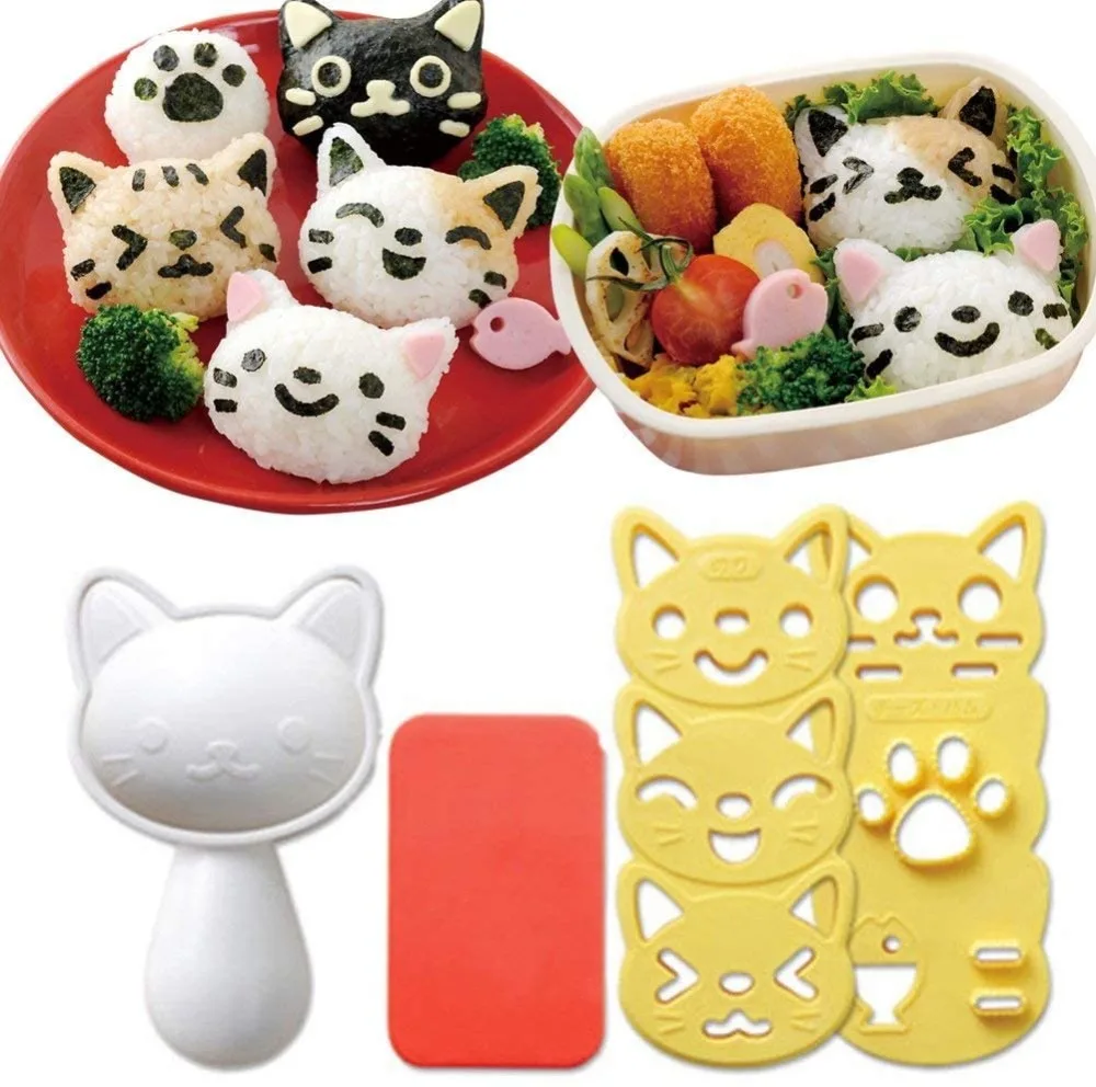 3pcs/set Sushi Mold Rice Ball Mold Cartoon Cat Pattern Sushi Bento Nori Kitchen Rice Decor Kits Sandwich for Baby Kids