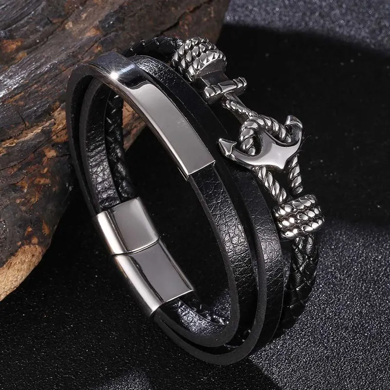 

Stainless Steel Anchor Black Multilayer Leather Bracelet For Men Magnetic Clasp Button Punk Man Braid Bangle Jewelry BB1087