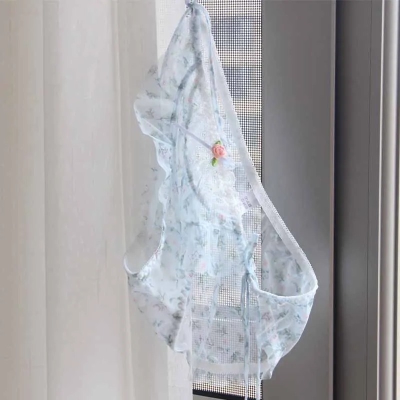 Female Hollow Out Transparent Panties Summer Quick-drying Ultra-thin Mesh Briefs Sexy Print Strap Underwear Large Size Lingeri