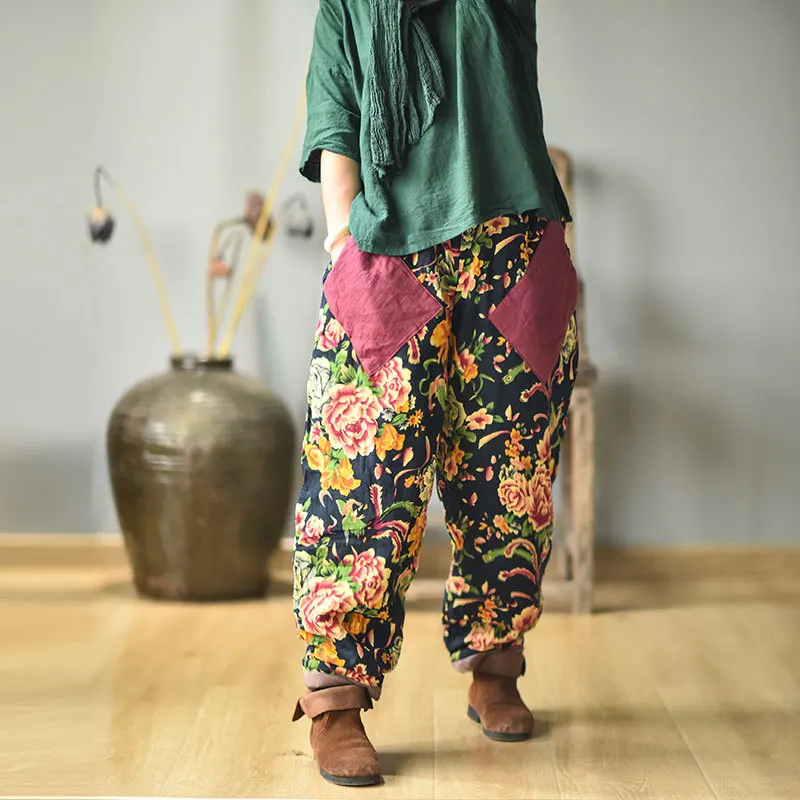 

Women Printed Loose Elastic Waist Harem Pants Ladies Vintage Padded Pants Trousers Female 2020 Patchwork Pants