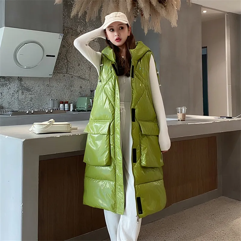 2024 Winter Long Vest Women Hooded Sleeveless Solid Plus Size Thick Parkas Woman Korean Style Loose Casual Thick Women\'s Jackets