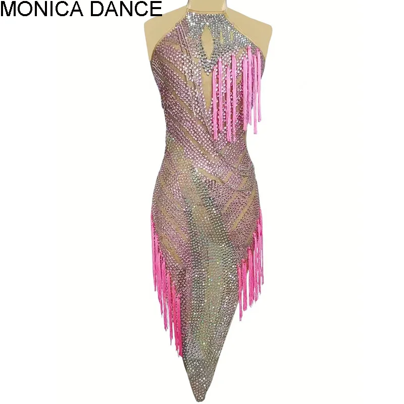 

Women Stage Competition Latin Dance Dress Silver Pink Rhinestones Tassel Halter Dress Nightclub DJ Bar Party Performance Costume