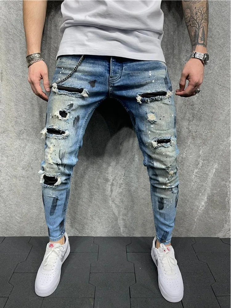 

Men Slim-Fit HIP HOP Ripped jeans Man Painted printed Pencil Denim pants fashion Patchwork Moto Biker Cowboy Beggar Trousers Men