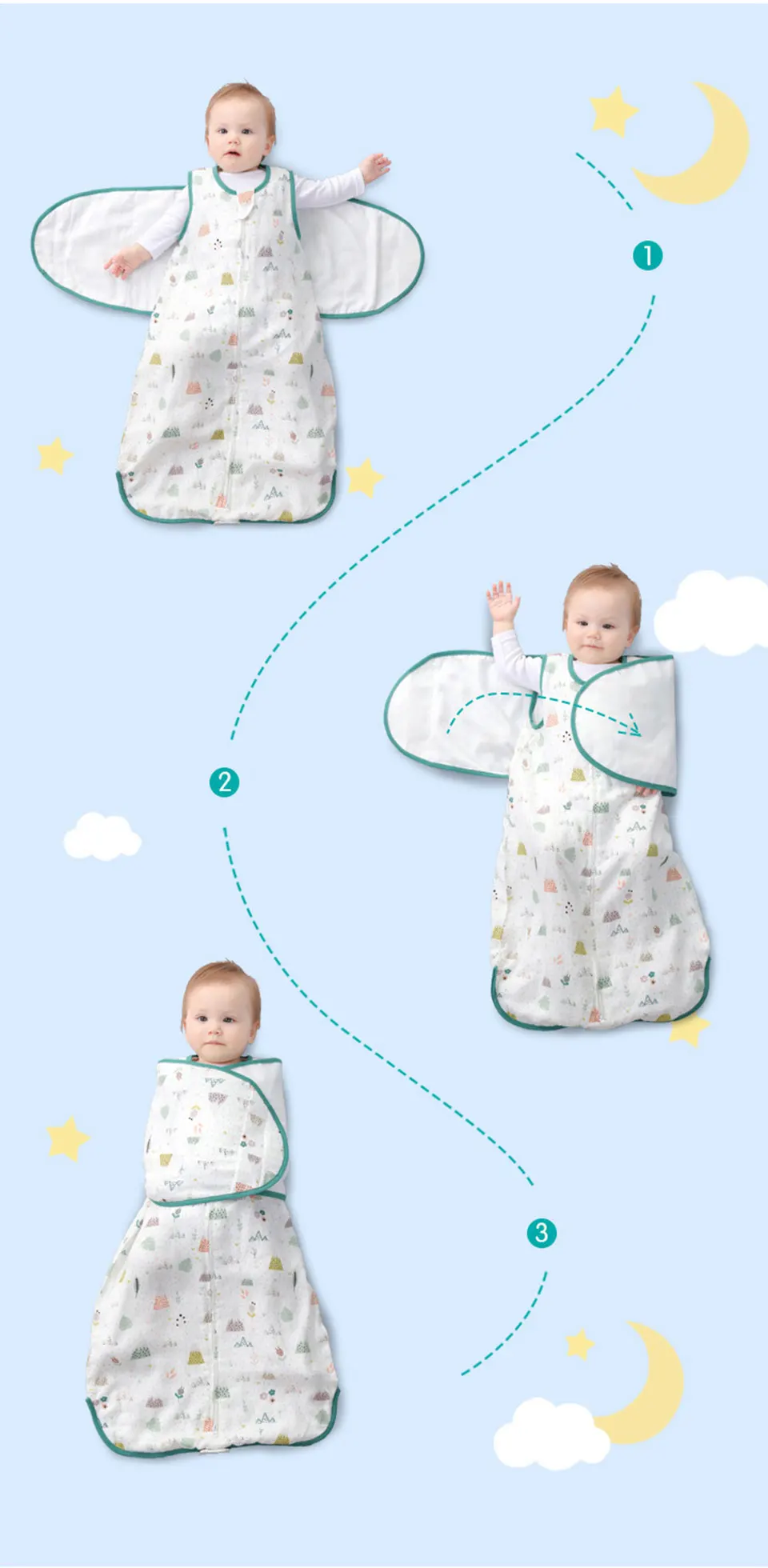 Baby Sleeping Bag Wearable Blanket Newborn Swaddle Wrap Sack Gauze Bamboo Cotton Spring 1Tog Sleep Bag Changing Diaper 0-24M