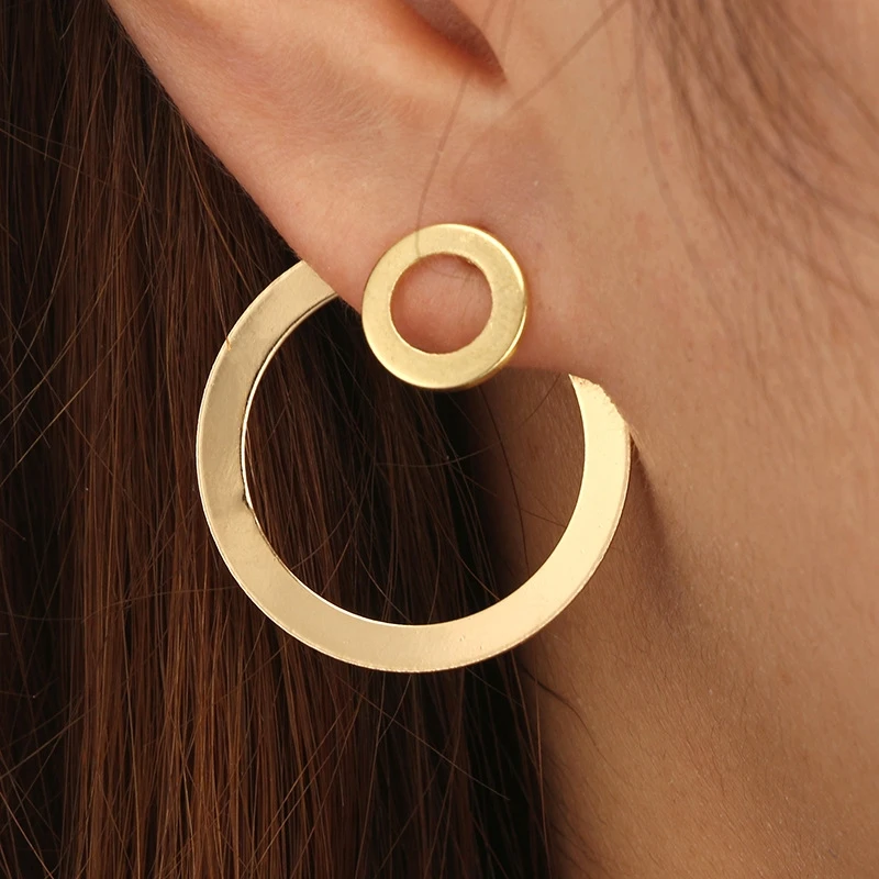 New Trend Front And Back Double Circle Stud Earrings For Women New Jewelry Simple Gold Color Alloy Round Ear Jewelry Wholesale