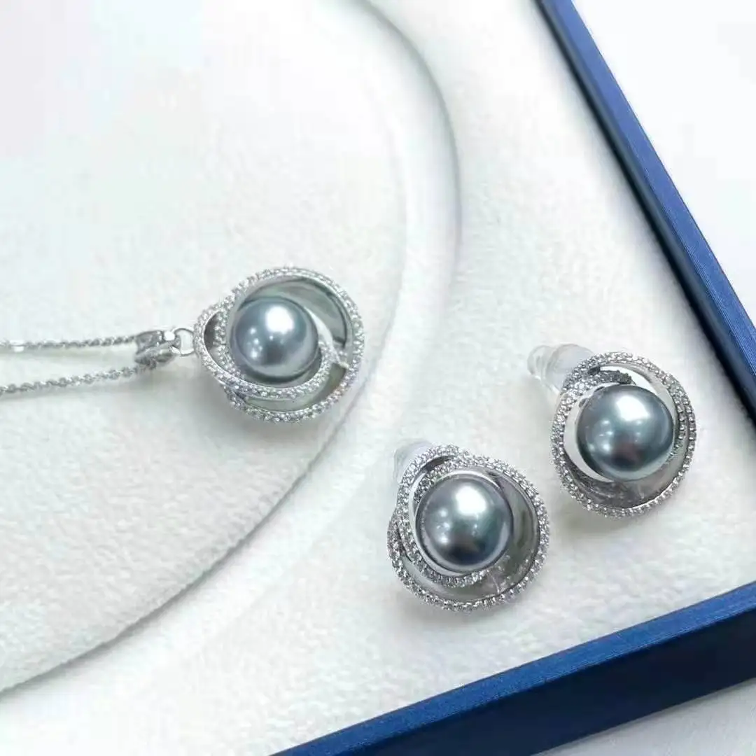 RY Solid 925 Sterling Silver Round 10-11mm Nature Sea Water Tahiti Pearls Jewelry Sets for Women Fine Birthday Presents