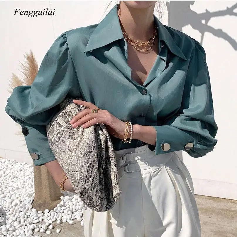 2021 Spring New Korean Loose Women Blouse Simple Versatile Long Sleeve Shirt Elegant Lantern Sleeve Tops Chic Lady Blusas