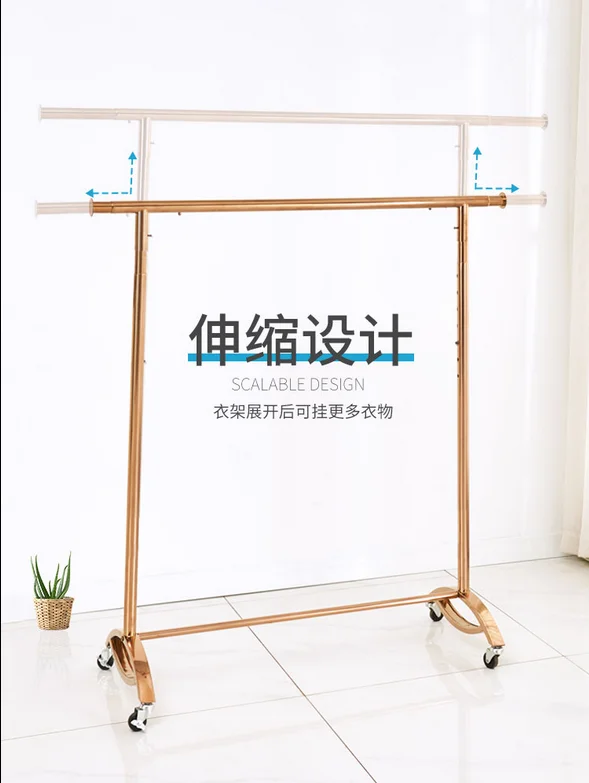 Clothing store display rack hanger with wheels shelf golden mobile clothing gantry folding telescopic side hanger