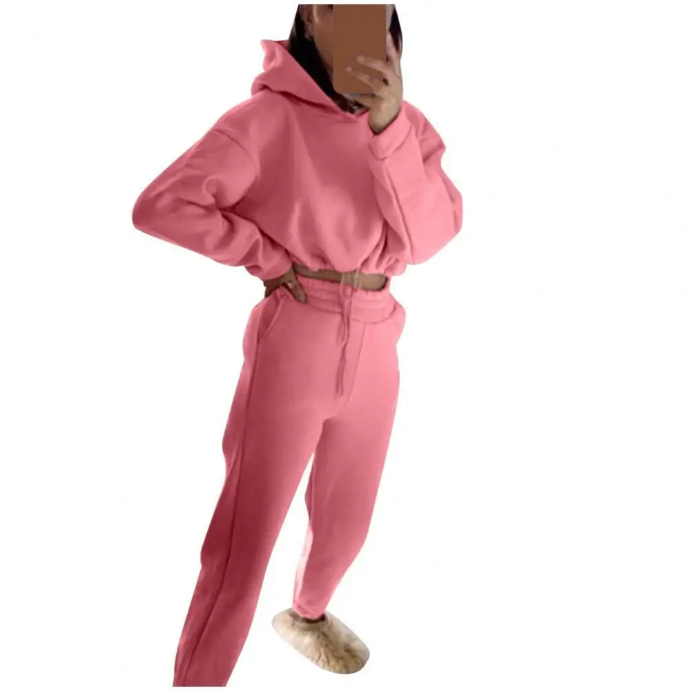 

1 Set Hoodie Pants Set Women Tracksuit Drawstring Solid Color Crop Top Hooded Sweatshirt Sweatpants Two Piece Running Set