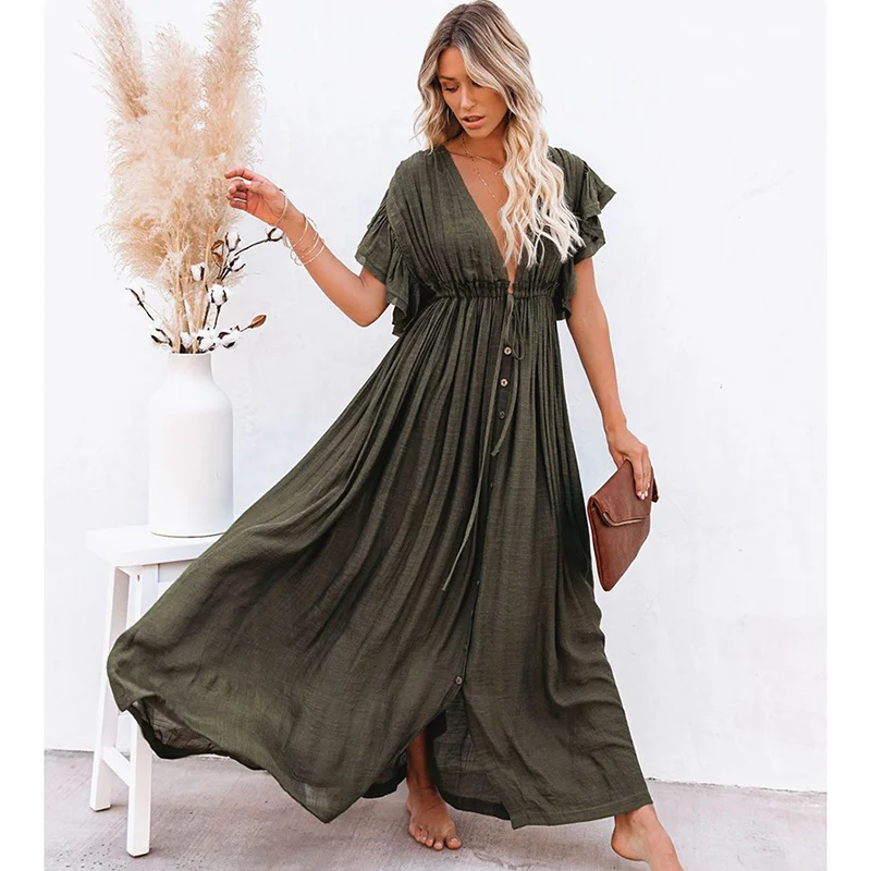 

Sexy Boho Dress Beach Cover up Kaftan Women Long Beachwear Solid V neck Ladies Holiday Dress Robe Plage Sarong Beach Pareos