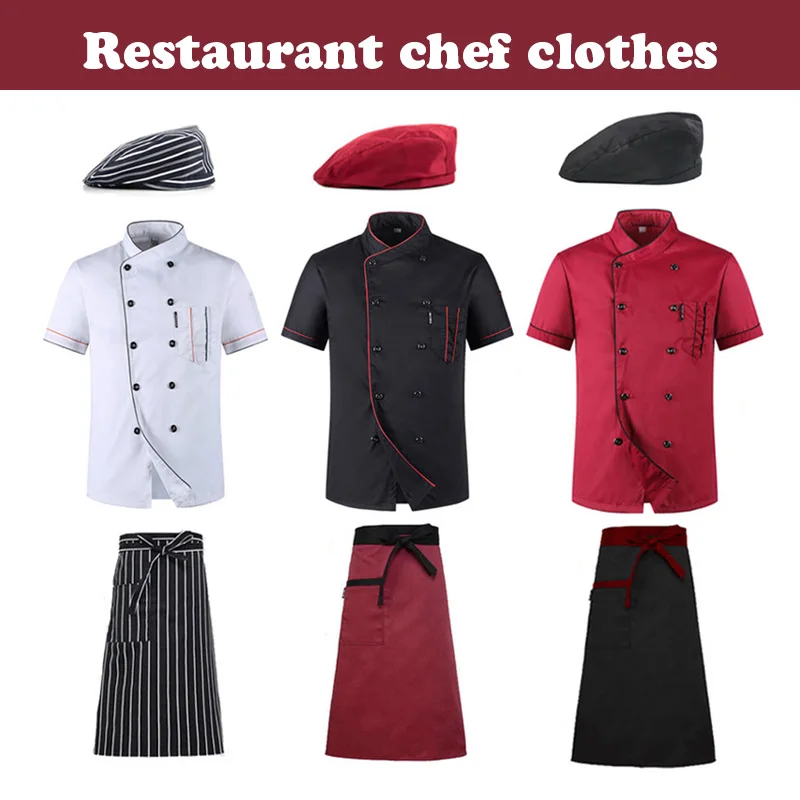 Vêtements de travail de cuisine pour hommes et femmes, ensemble d'été à manches courtes, pour Restaurant hôtel, veste fine respirante + chapeau + tablier