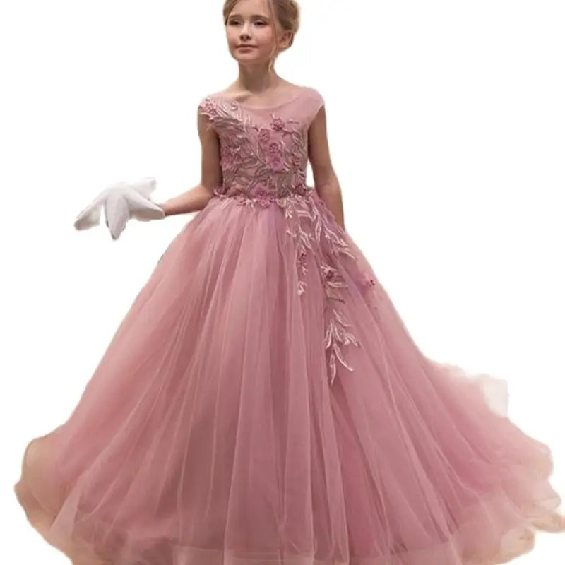 

New Flower Girl Dresses Blush Pink First Communion Gowns For Girls Ball Gown Cloud Beaded Pageant Gowns Vestido De Daminha