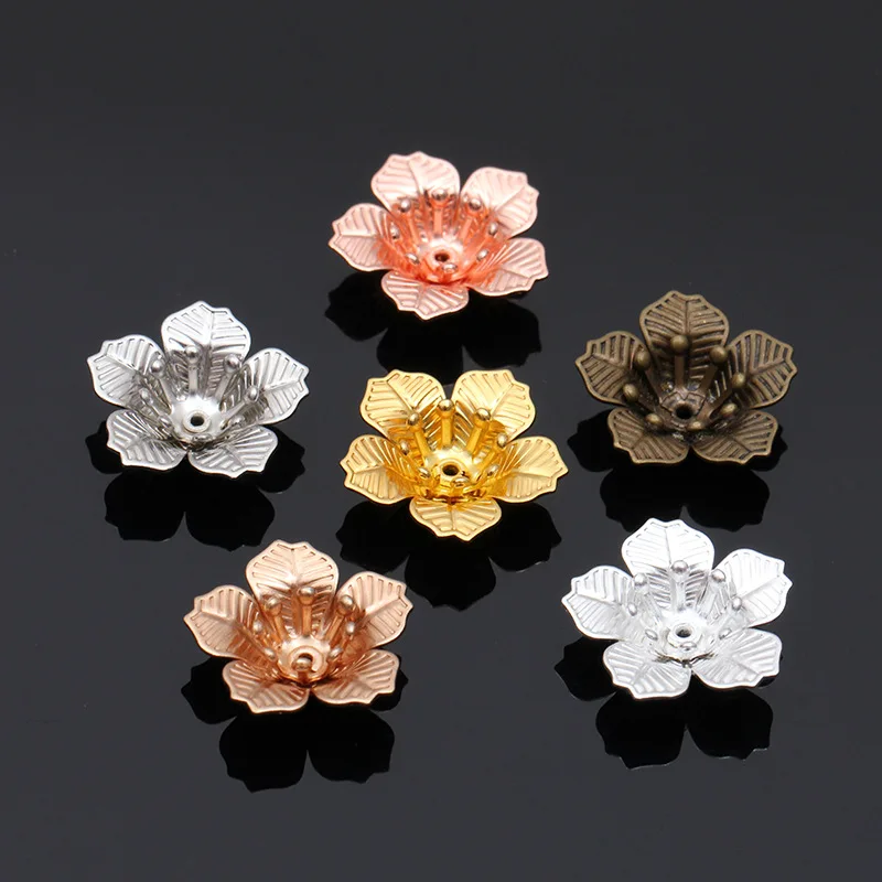 Mibrow New 20pcs/lot 16*6mm Double Layer Copper Flower Bead Caps Filigree Loose Spacer Bead End Caps For DIY Jewelry Making