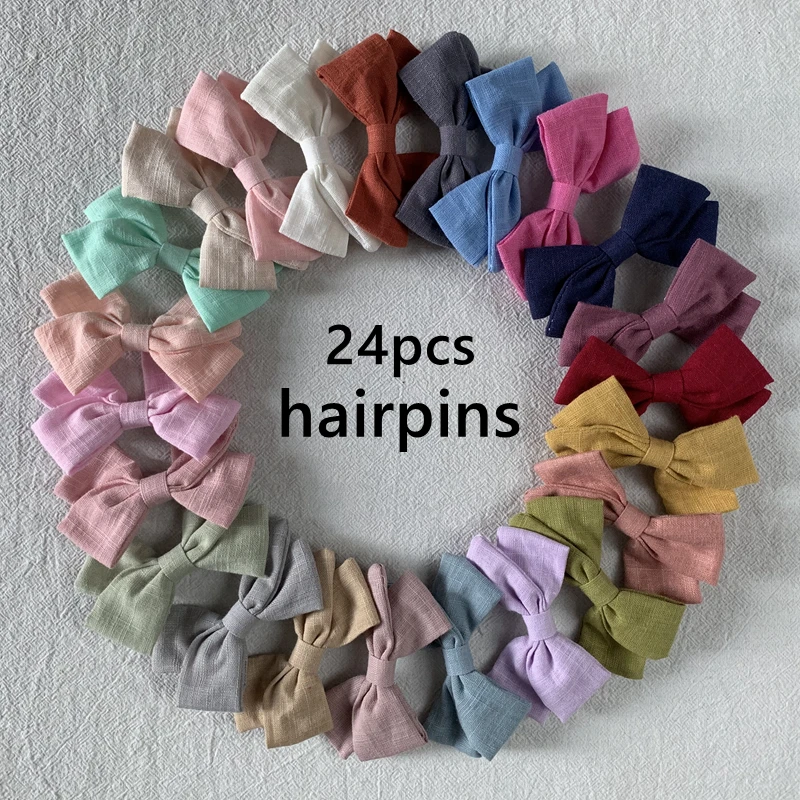 Baby Bows Headbands For Girls Cotton Hair Clips Children Summer Hair Accessories Kids Linen Solid Color Head Bands 24pcs/Lot