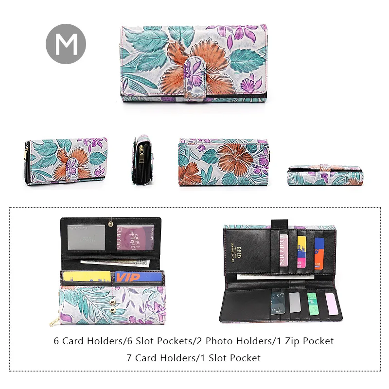 SC Women Genuine Leather Wallet RFID Blocking Multi Card Holders Coin Purse Stylish Flower Pattern Clutch Bag Ladies Long Wallet