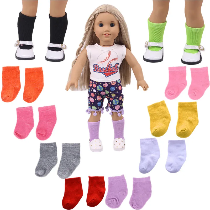 Um par de meias de cor sólida para 18 polegadas boneca americana & 43cm boneca, acessórios de boneca para bebê recém-nascido roupas de boneca