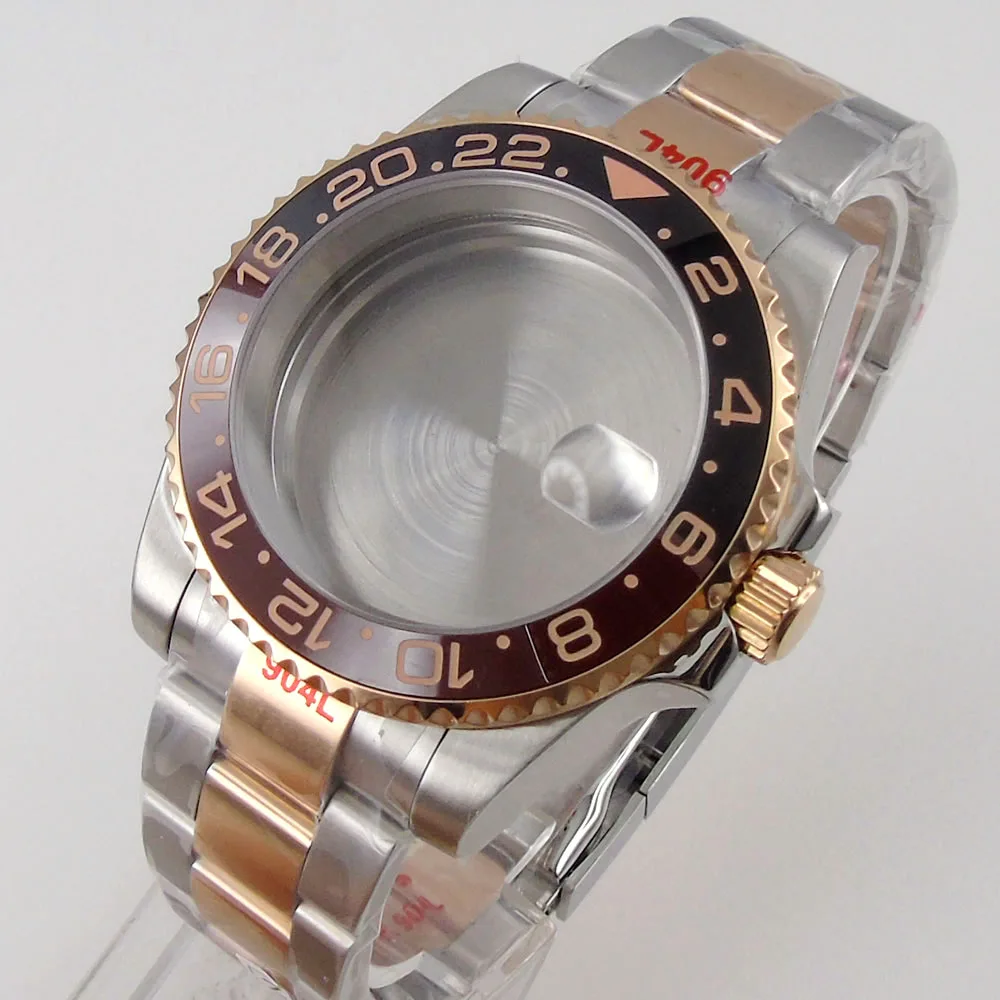 

Rose Gold Plated GMT Watch Case 40mm Fit PT5000 ETA2824 NH35 NH34 NH36 Miyota8215 821A DG2813 ETA2836 ROOTBEER Sapphire Crystal