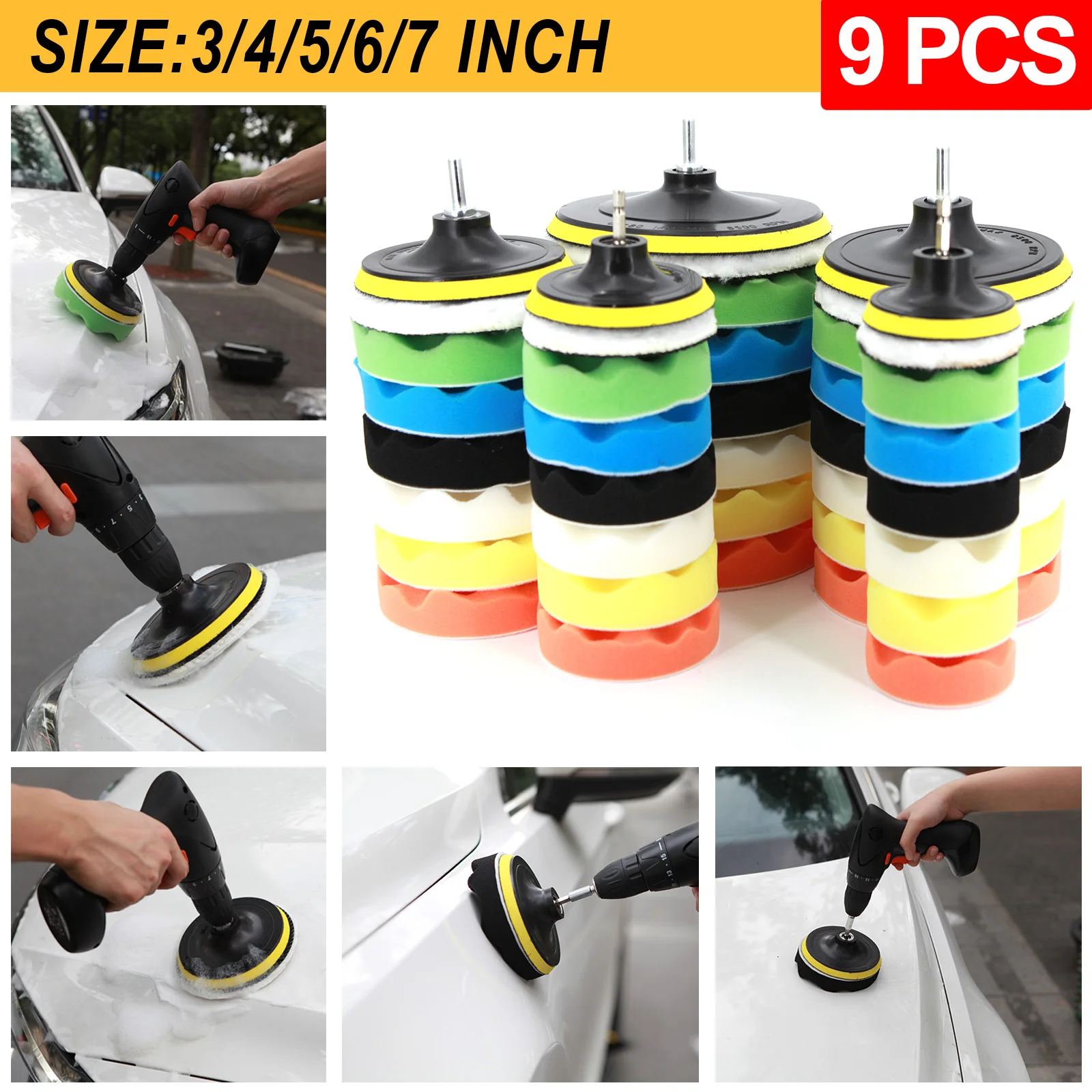 Car Polishing Sponge Pads Kit Buffing Waxing Foam Pad Buffer Set Polisher Machine Wax Pad for Removes Scratches Drill Attachment