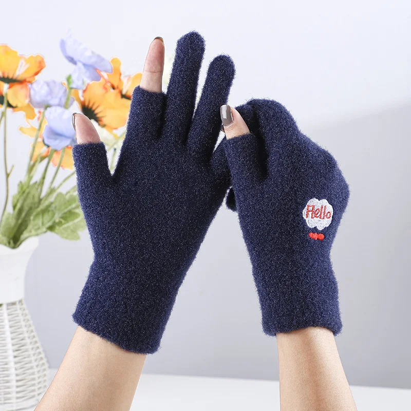 New Arrival Warm Female Winter Adult Smiling Face Fashion Plus Velvet Padded Gloves Cashmere Leaky Two-finger Gloves