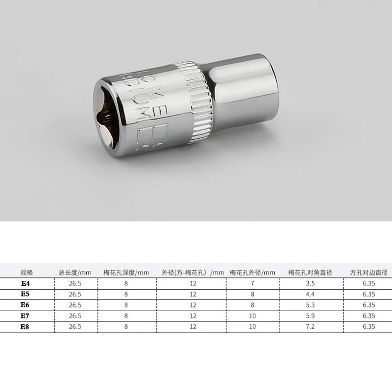 Herramientas de reparación manual de enchufe de estrella Torx de 1/4 pulgadas, 2 piezas, Agujero cuadrado E tipo E4, E5, E6, E7, E8
