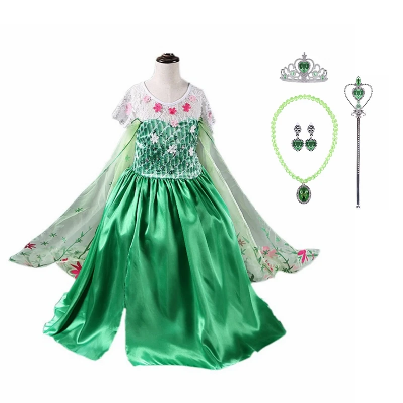 Princess Party Green Dress Girl Elsa Disfraz Costume Birthday Dress Kids 3 4 5 6 7 8 9 10 Years