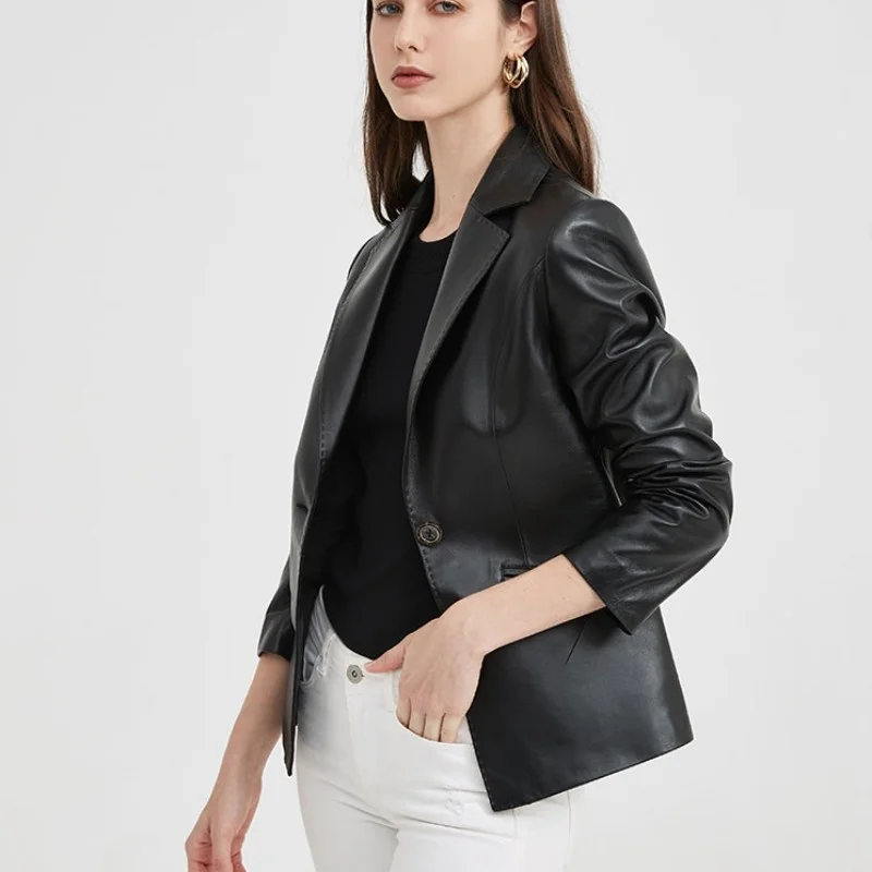 Senhoras escritório elegante pele de carneiro jaqueta blazer de couro genuíno um botton ajuste fino das mulheres outwear outono terno de couro natural casaco