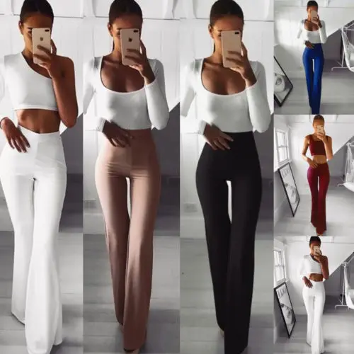 

Women Solid High Waist Flare Elegant Female Lady Palazzo Wide Elastic Killer Legs Pants High Waist OL Career Long Trousers