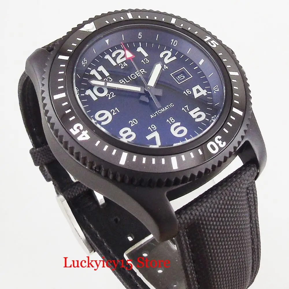 BLIGER Brand 44mm Automatic Men Watch Date Window Rotating Bezel PVD Watch Case Black Dial Leather Strap