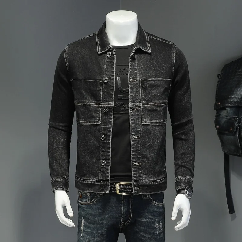 Fashion Mens Denim Jackets Spring Autumn Mens Casual Black Cotton Patchwork Jeans Coat High Quality