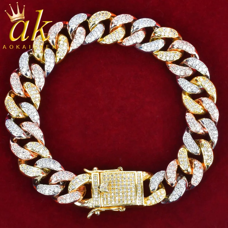 Aokaishen 12MM Cuban Link Bracelet for Men Hip Hop Jewelry Iced Out AAAAA Zirconia Colorful