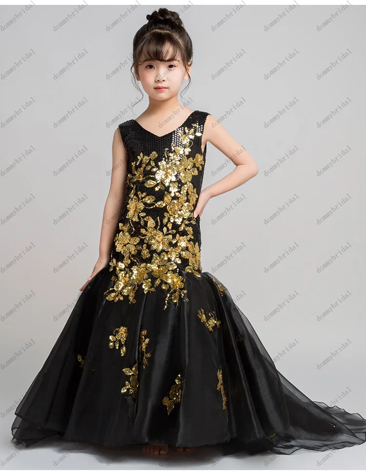 2023 sexy preto e ouro embelezado v pescoço sereia meninas concurso baile de formatura vestidos formais para juniors crianças festa de aniversário