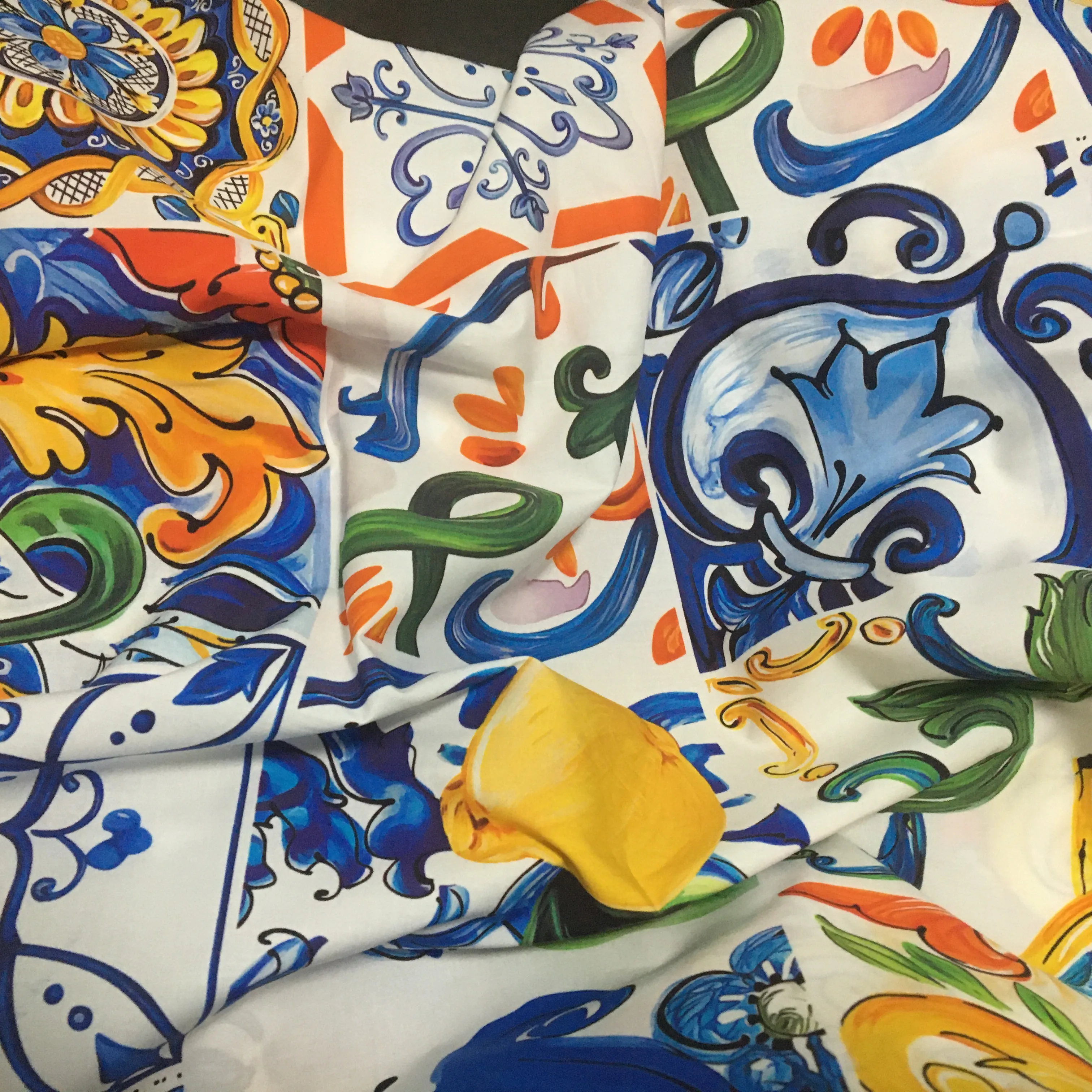 Italian Brand D Fashion Sicily Blue and white porcelain Lemon Printed Cotton Fabric For Summer Dress Blouse DIY Sewing Per Meter