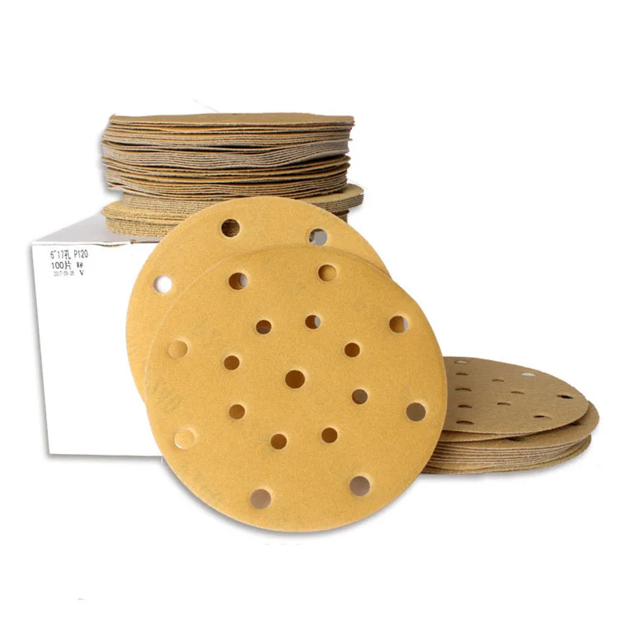 6 Inch 10pcs Gold Sandpaper Sanding Discs 15/17 Holes Aluminium Oxide 80-400 Grits Hook and Loop for Polishing & Grinding