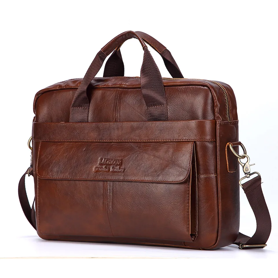 Men Genuine Leather Handbag Fashion Office 14 inch Laptop Briefcase Bag Male Computer Shoulder Bags Men's Business Document Bag