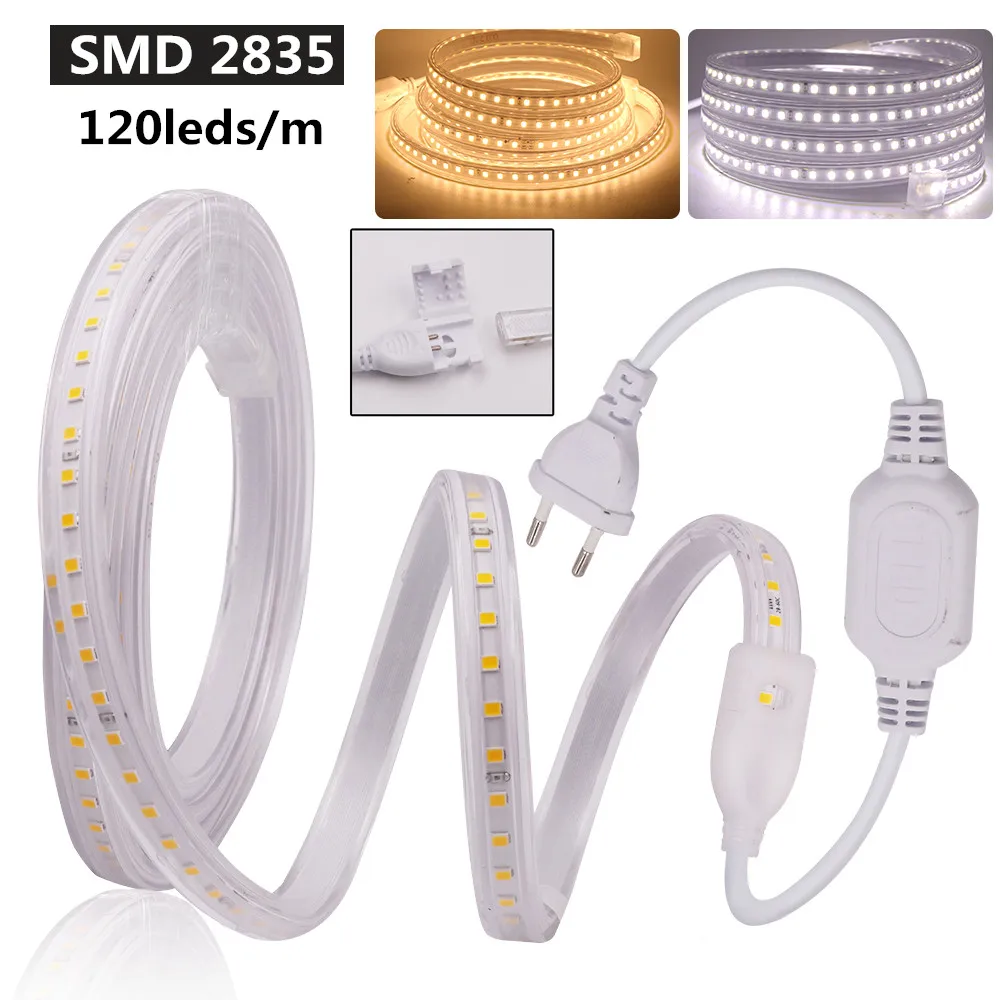 220V 276Leds/M 120 SMD 2835 LED Strip Waterproof Flexible Ribbon Rope 5050 60 Led Strip Light With Switch For Home Decoration