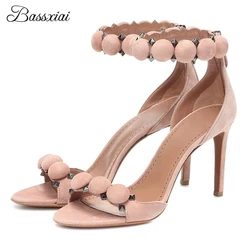 Sexy Rivet Ball One-Strap Gladiator Sandals Women Stiletto Heel Back Zip Luxury Suede Satin Summer Party Shoes