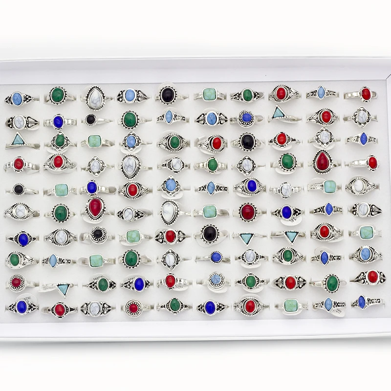 50pcs/lot Women's Bohemia Style Rings Antique Silver Color Stone Jewelry Finger joint ring Dropshipping Party Gifts