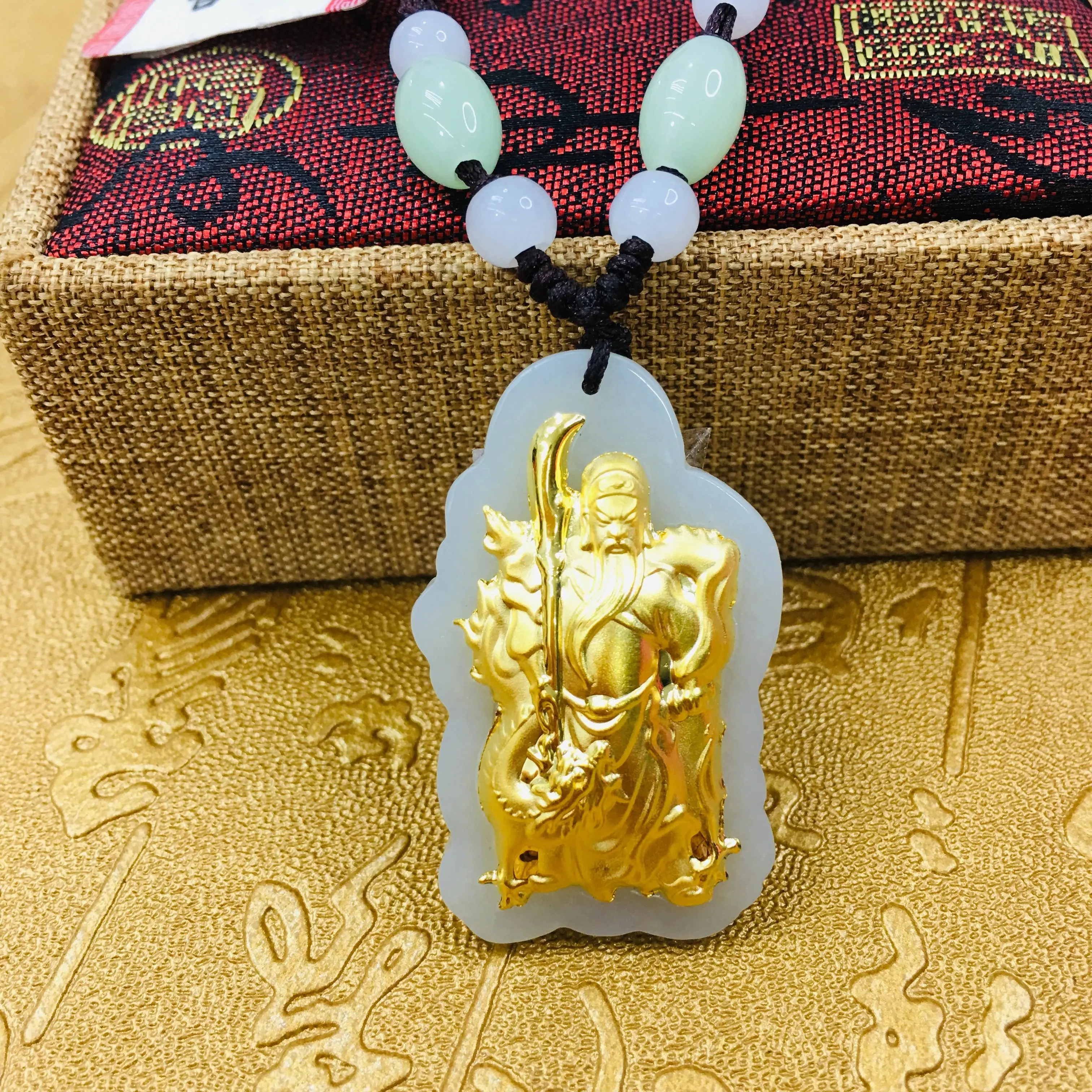 

Natural Hetian White Jade Inlaid 24K Gold Guan Gong Pendant With Handmade Necklace