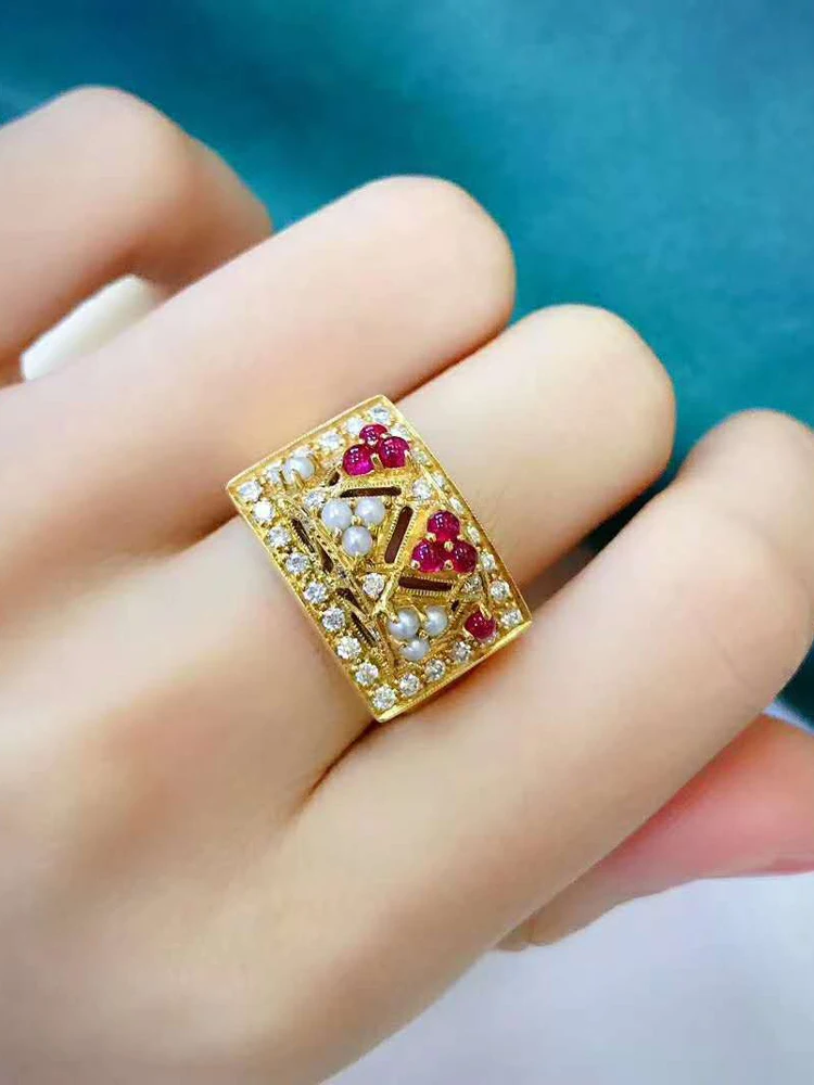 New luxury Gold Color Double Layer Micro-inlaid Zircon Ring Exaggerated Red Garnet Pearl Plated 18k Yellow Gold Rings For Women