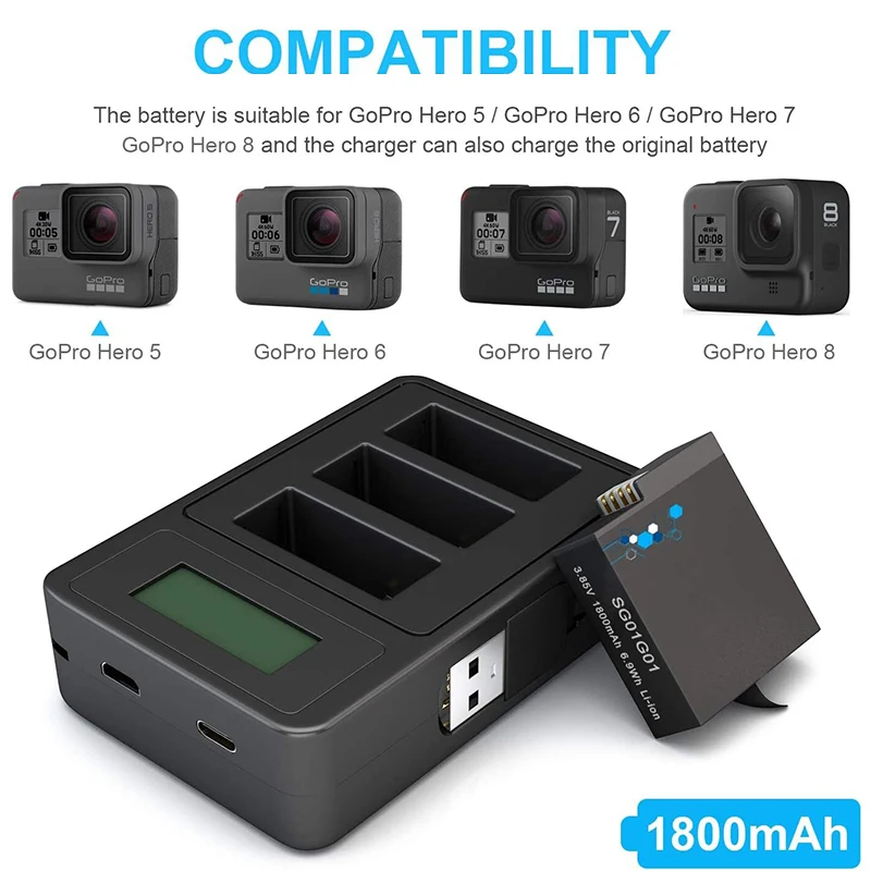 1800mAh GoPro Battery For GoPro 5 6 7 8  and USB Digital display Charger Compatible GoPro Hero 8 7 6 5 Gopro camera