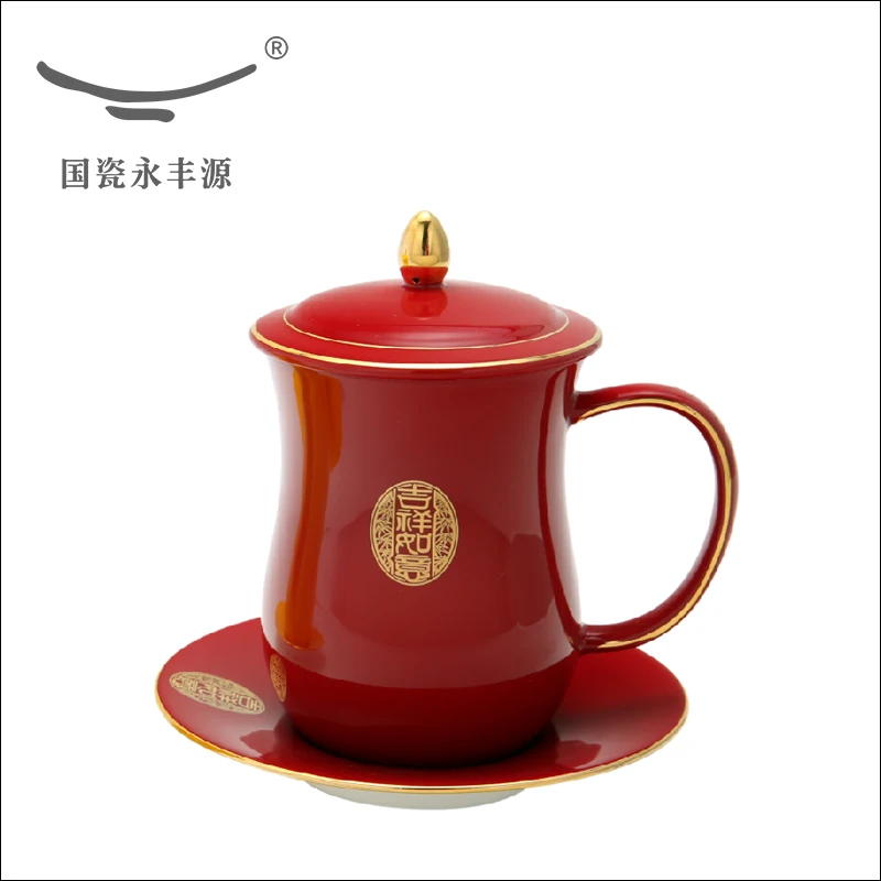 |yongfeng source new bone porcelain ceramic cups with cover jixiangruyi office cup suit high-grade glass meeting room