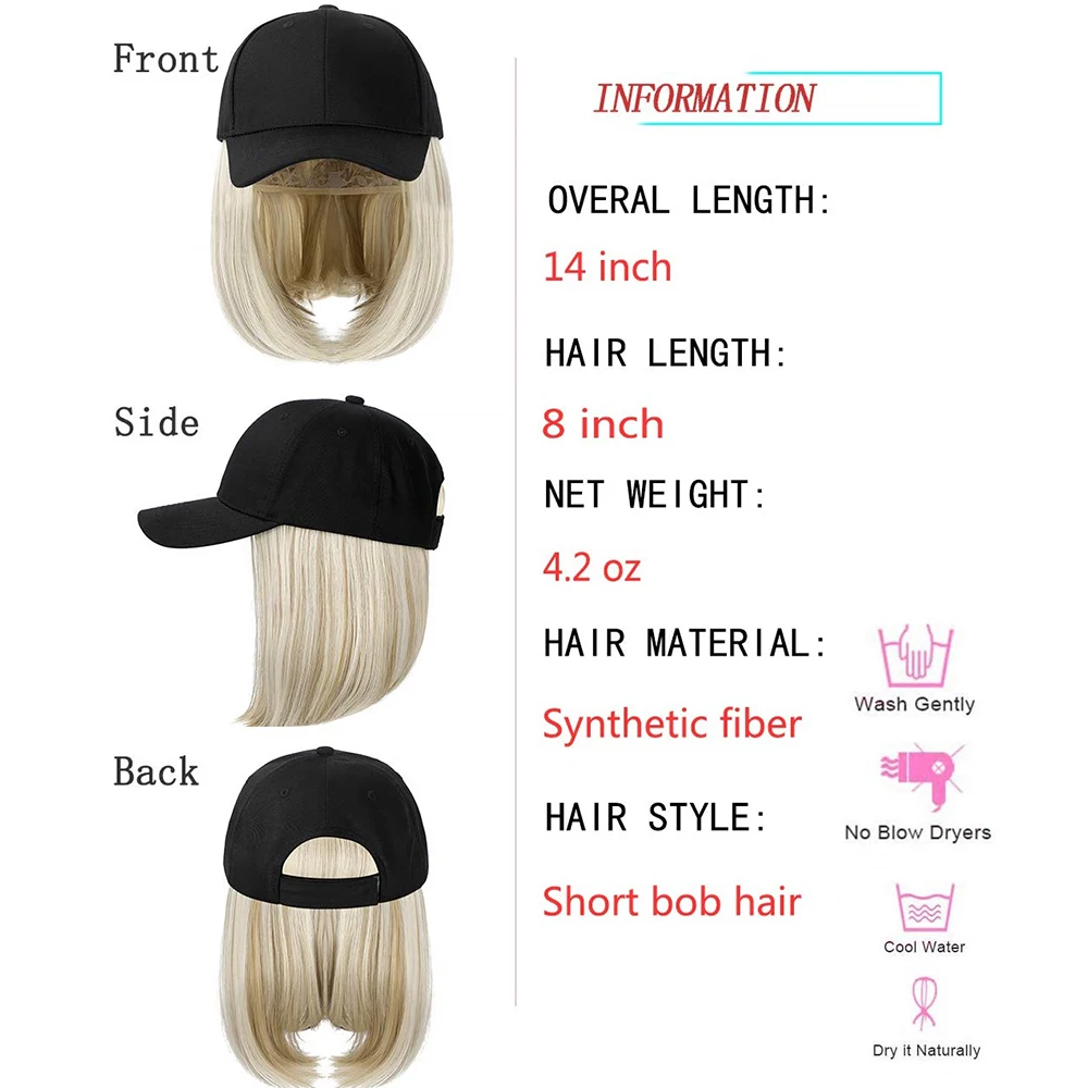 SHANGZI Short Wavy baseball wig Synthetic Natural bob Wig Black hat wigs cap with Hair Naturally Connect Baseball Cap Adjustable