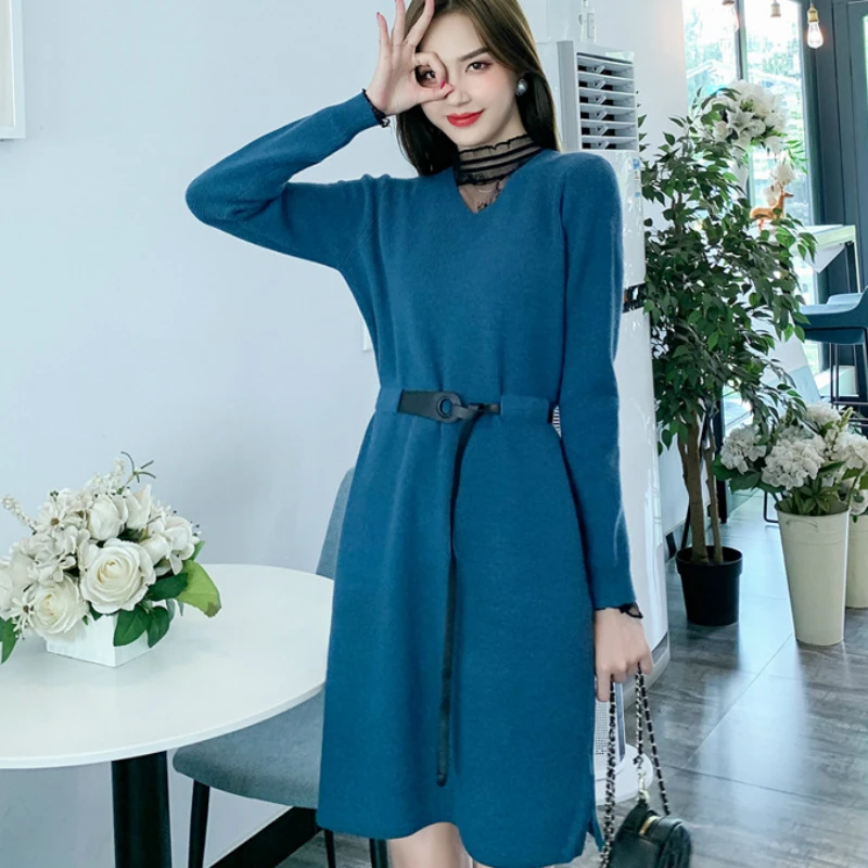 

Winter Women Knitted Sweater Dress With Belt Lace Splicing Turtleneck Dress Ladies Knee-length Warm Soft Knitting Dresses