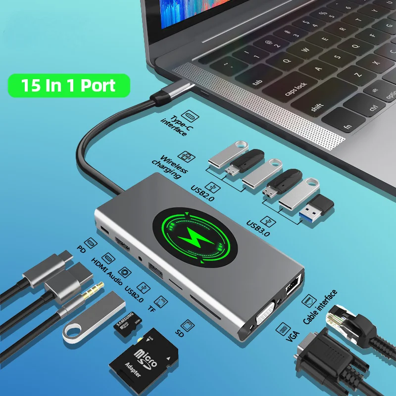 15 In 1 Docking Station Usb Hub Type C Naar Hdmi-Compatibele Draadloze Opladen Usb 3.0 Adapter Type C hub Dock Station Voor Macbook